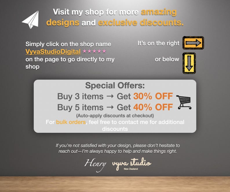 May include: A promotional graphic with text offering discounts on digital designs. The text reads "Visit my shop for more amazing designs and exclusive discounts." Special offers include 30% off for 3 items and 40% off for 5 items. The shop name is VyvaStudioDigital.