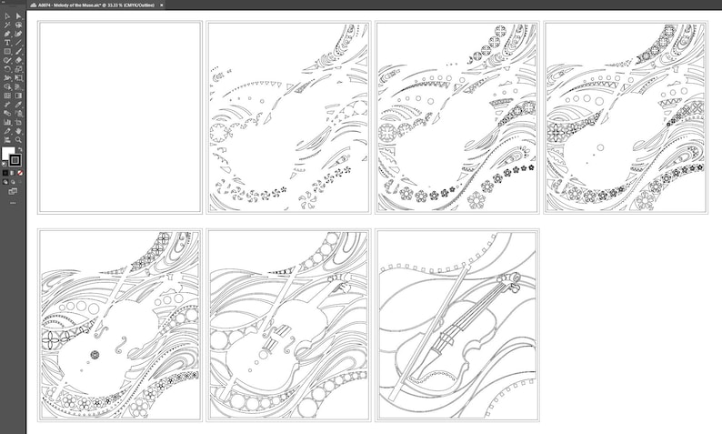 May include: A series of seven black and white illustrations featuring a violin. Each image showcases a different stage of the violin's design, with intricate patterns and flowing lines. The images are in a square format.