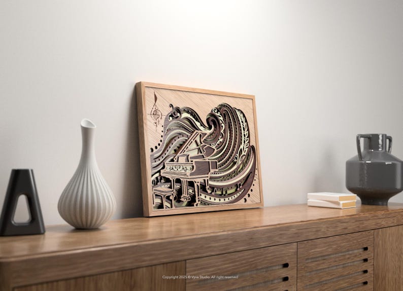 May include: A multi-layered wooden art piece featuring a grand piano with a musical note design. The artwork is framed in light wood and rests on a wooden cabinet. The color palette includes shades of brown, beige, and gray.