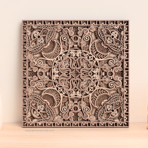 Fichier de découpe laser pour la création d'art mural mandala carré multicouche 3D disponible au format svg, ai, dxf, pdf