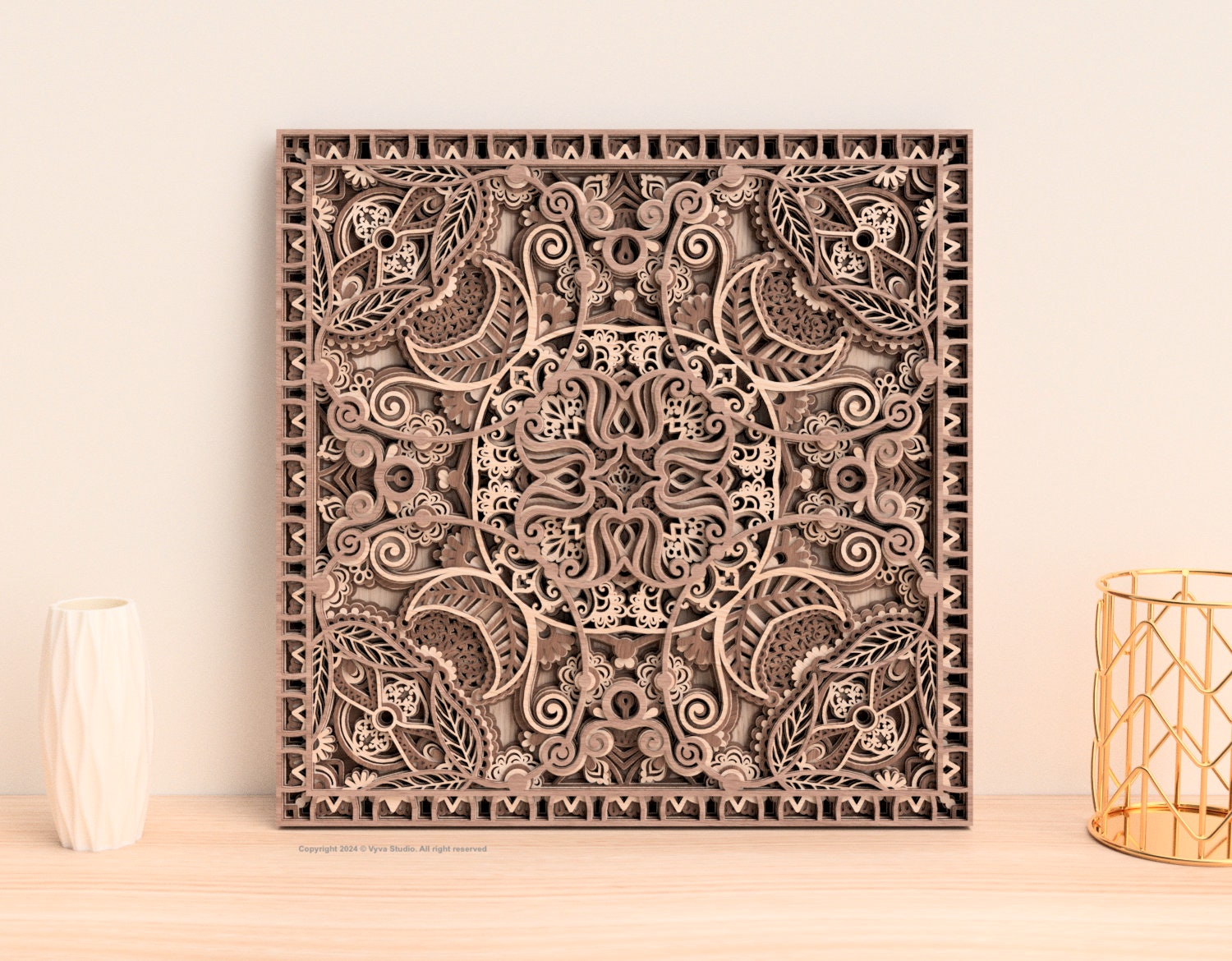 Laser cutting file for creating 3D multilayered square mandala wall art available in svg, ai, dxf, pdf format