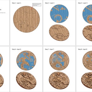 May include: Assembly instructions for a wooden puzzle, showing the step-by-step process. The puzzle features a circular design with intricate cutouts and blue accents. The instructions are displayed in a grid format, with each step clearly labeled.