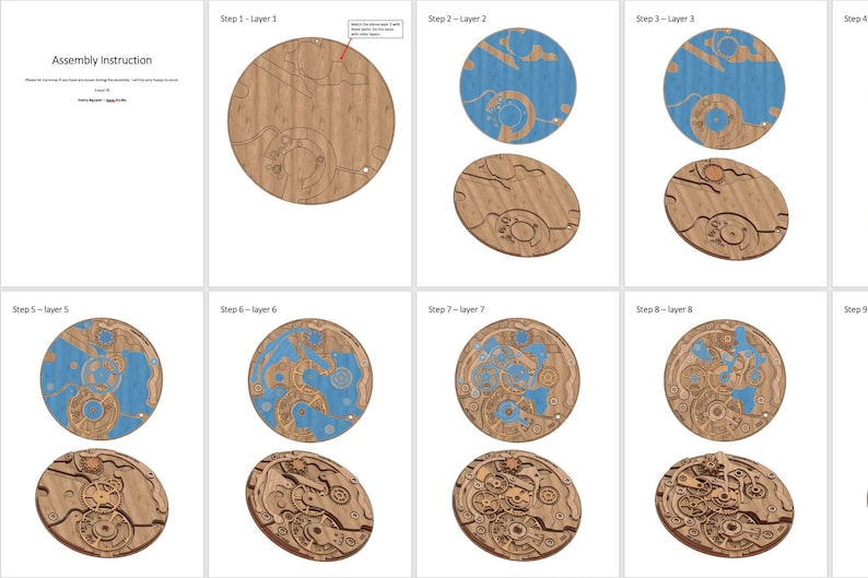 May include: Assembly instructions for a wooden puzzle, showing the step-by-step process. The puzzle features a circular design with intricate cutouts and blue accents. The instructions are displayed in a grid format, with each step clearly labeled.