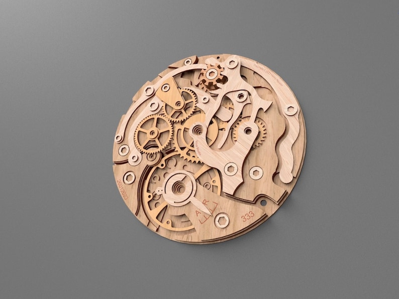 May include: A wooden wall art piece depicting the intricate inner workings of a watch. The artwork features a layered design with various gears, springs, and other mechanical components. The natural wood color contrasts against the gray background.