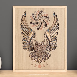 3D geschichtete Eule Laserschnittdateien | Multilayer Tier Mandala svg | Boho Eulen Dekor | Flügel der Weisheit