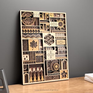 May include: Wooden wall art with a geometric design. The artwork features various shapes and patterns, including a sun, maple leaf, and trees. The piece is made of light-colored wood and is displayed against a gray wall.