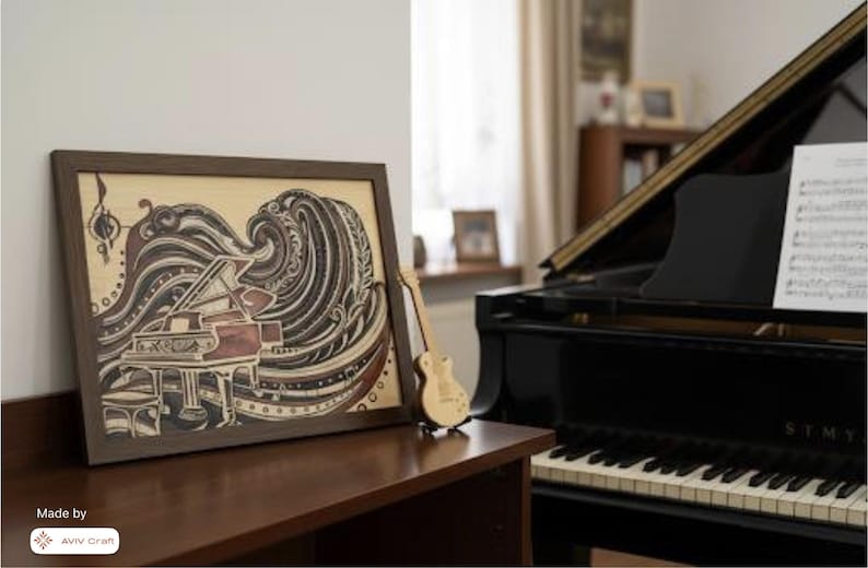 May include: A framed wooden art piece depicts a grand piano with musical notes and wave-like patterns in shades of brown and beige. A small wooden guitar sits beside it. A black grand piano is in the background.