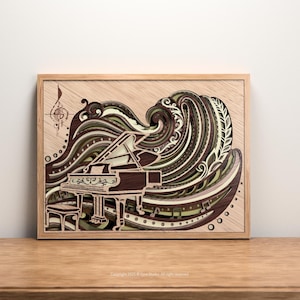May include: A framed wooden art piece featuring a grand piano design. The artwork uses layered wood to create a 3D effect, with a wave-like pattern in shades of brown, green, and cream. Musical notes and a treble clef are also included.