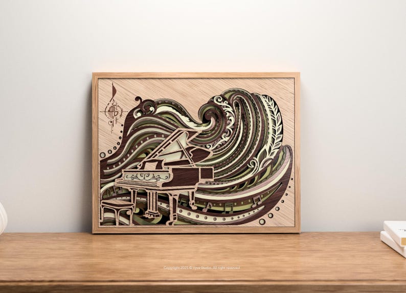 May include: A framed wooden art piece featuring a grand piano design. The artwork uses layered wood to create a 3D effect, with a wave-like pattern in shades of brown, green, and cream. Musical notes and a treble clef are also included.