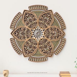 May include: A layered wooden wall art piece in a floral design. The artwork features intricate cut-out patterns and a multi-layered construction. The colour palette includes shades of brown, beige, and white. The piece is mounted on a white wall.