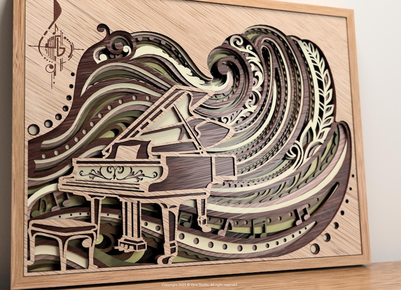 May include: Wooden layered art piece featuring a grand piano and musical notes. The artwork uses various shades of brown, beige, and green to create a wave-like design behind the piano. The piece is framed in a light-colored wooden frame.