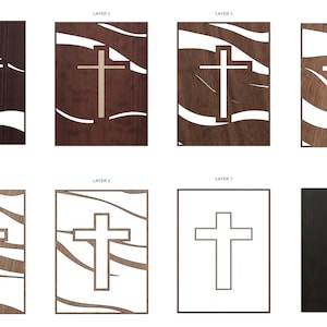 Puede incluir: Una colecci&oacute;n de ocho paneles de madera, cada uno con un dise&ntilde;o de cruz. Los paneles var&iacute;an en color y estilo, algunos tienen vetas de madera marr&oacute;n oscuro y otros un tono de madera m&aacute;s claro. La palabra "LAYER" es visible en cada panel.