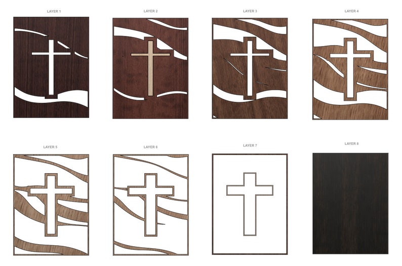 Puede incluir: Una colecci&oacute;n de ocho paneles de madera, cada uno con un dise&ntilde;o de cruz. Los paneles var&iacute;an en color y estilo, algunos tienen vetas de madera marr&oacute;n oscuro y otros un tono de madera m&aacute;s claro. La palabra "LAYER" es visible en cada panel.