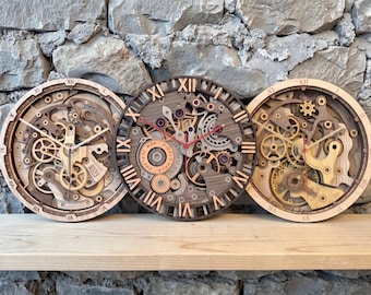 3 Clock Face Bundle Laser Cut Files with Exposed Skeleton Movement and Roman Numeral Letter