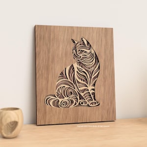Abstrait chat multicouche 3D | Fichier d'ornement de chat découpé au laser | Art mural chat pour découpe laser et papier disponible en svg, ai, dxf et pdf.