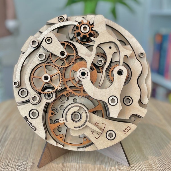 Digital cutting file for creating 3D Mechanical Watch Movement Wall Art featuring multilayered wood available in SVG, AI and DXF formats