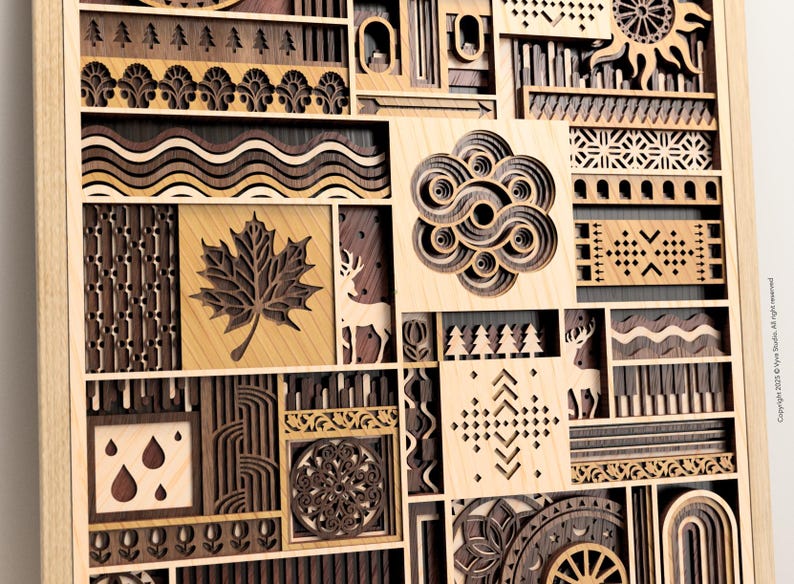 May include: A wooden wall art piece with a geometric design. The artwork features various shapes and patterns, including a maple leaf, deer, and sun. The piece is made of different shades of wood and has a natural, rustic look.
