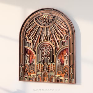Archivo de corte láser para arte mural de catedral gótica en 3D, mandala de ventana de arco en capas, diseño arquitectónico intrincado.