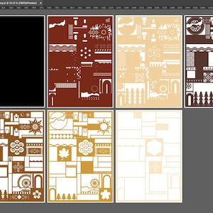 May include: A digital art composition featuring seven panels with geometric and nature-inspired designs. The color palette includes shades of brown, beige, and gold, with white accents. The designs incorporate shapes like arches, trees, and suns.