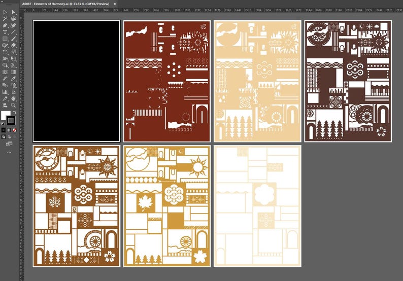 May include: A digital art composition featuring seven panels with geometric and nature-inspired designs. The color palette includes shades of brown, beige, and gold, with white accents. The designs incorporate shapes like arches, trees, and suns.