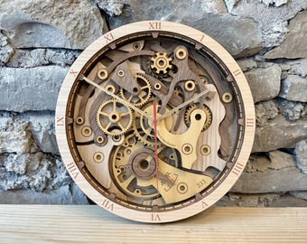 Archivo de corte láser para esfera de reloj de pared con mecanismo esqueletizado expuesto y letras de números romanos.