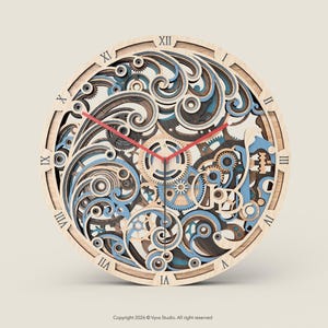 May include: A wooden wall clock with a layered design featuring gears and swirling patterns in shades of brown, blue, and beige. The clock has red hands and Roman numerals. The text "Copyright 2026 © Vyva Studio. All right reserved" is at the bottom.