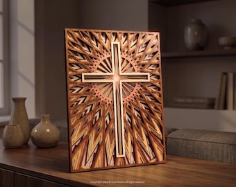3D Cross Wall Art Laser Cut File – Radiant Faith | Christian Layered Mandala Design