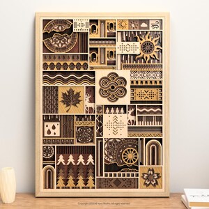May include: Wooden wall art with a layered design. The artwork features various geometric and natural elements, including a maple leaf, sun, and trees, in shades of brown and beige. The piece is framed in a light wood.