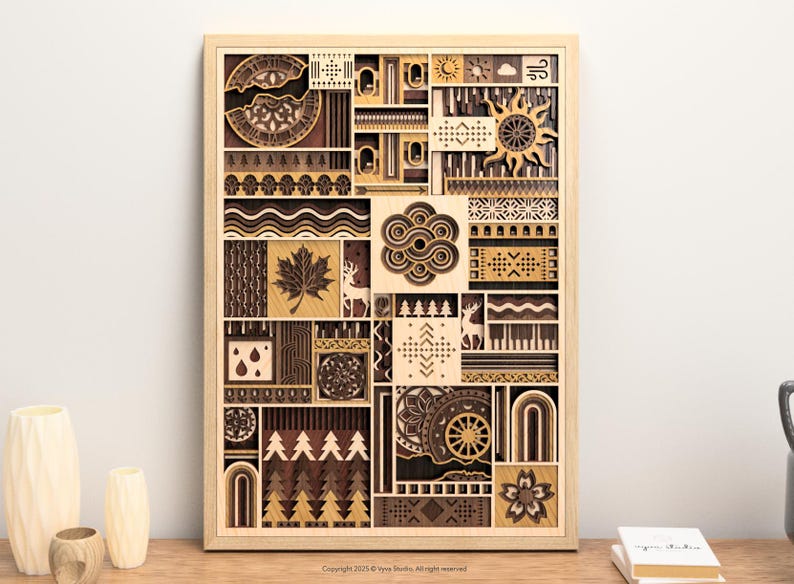 May include: Wooden wall art with a layered design. The artwork features various geometric and natural elements, including a maple leaf, sun, and trees, in shades of brown and beige. The piece is framed in a light wood.