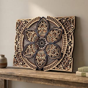 Puede incluir: Una pieza de arte mural de madera en capas con un diseño floral. La obra de arte presenta intrincados patrones recortados en tonos de marrón y gris oscuro. Se exhibe sobre una mesa de madera rústica, junto a un pequeño jarrón y libros.