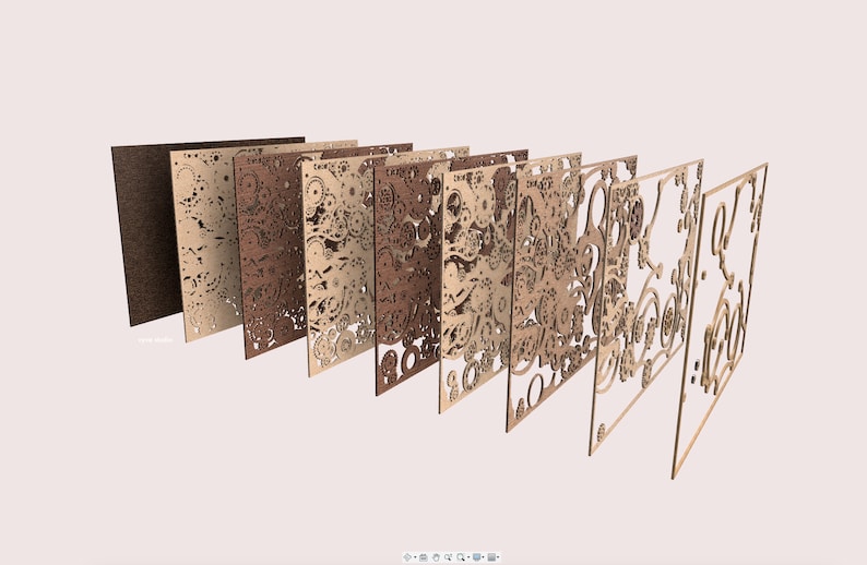 May include: A series of laser-cut wooden panels in varying shades of brown, arranged to show the different colors and designs. The panels feature intricate gear and clockwork patterns, with a light pink background.