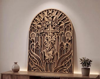 3D Christian Cross Wall Art Laser Cut SVG, Sacred Light Gothic Cathedral Window