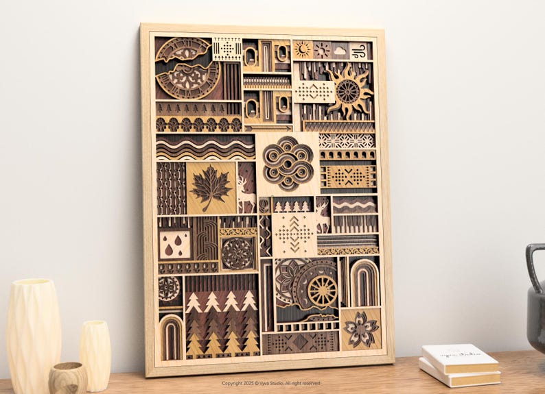 May include: Wooden wall art with a light wood frame, featuring a layered design of various shapes and patterns in shades of brown and tan. The artwork includes a sun, maple leaf, and geometric designs. The overall dimensions are approximately 24 inches by 30 inches.