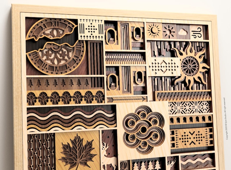 May include: Wooden wall art with a layered design. The artwork features various shapes and patterns, including a clock, sun, and maple leaf, all in shades of brown and tan. The piece is framed in light wood.