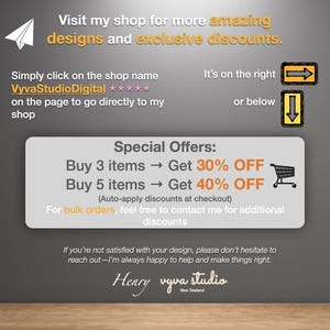 Puede incluir: Un gr&aacute;fico promocional con texto que ofrece descuentos en dise&ntilde;os digitales. El texto dice: "Visita mi tienda para obtener dise&ntilde;os m&aacute;s incre&iacute;bles y descuentos exclusivos". Las ofertas especiales incluyen un 30% de descuento por 3 art&iacute;culos y un 40% de descuento por 5 art&iacute;culos.