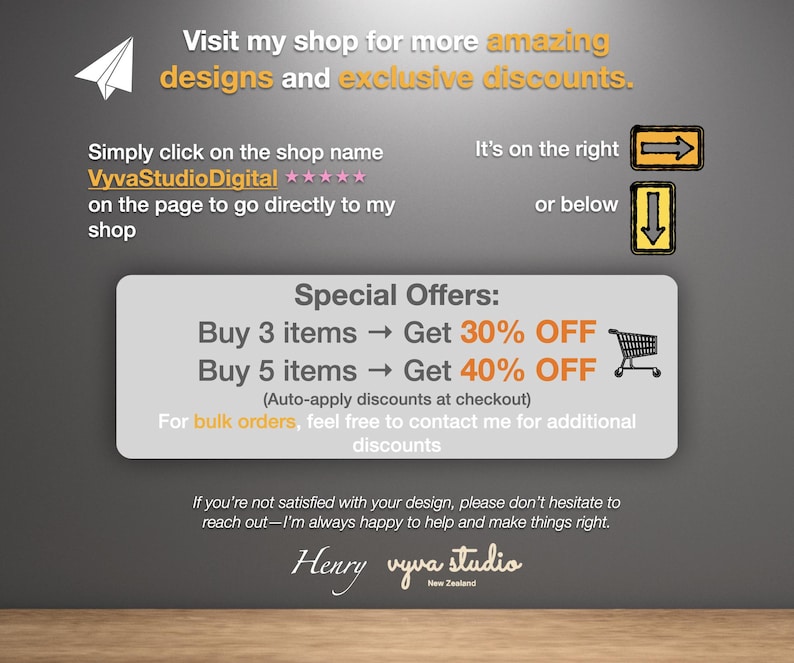 May include: A promotional graphic with text offering discounts on digital designs. The text reads "Visit my shop for more amazing designs and exclusive discounts." Special offers include 30% off for 3 items and 40% off for 5 items.