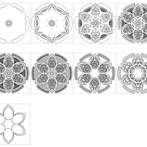 May include: A collection of black and white mandala designs, featuring detailed patterns and radial symmetry. The designs increase in complexity, displaying intricate floral and geometric elements. The bottom left image presents a simplified flower shape.