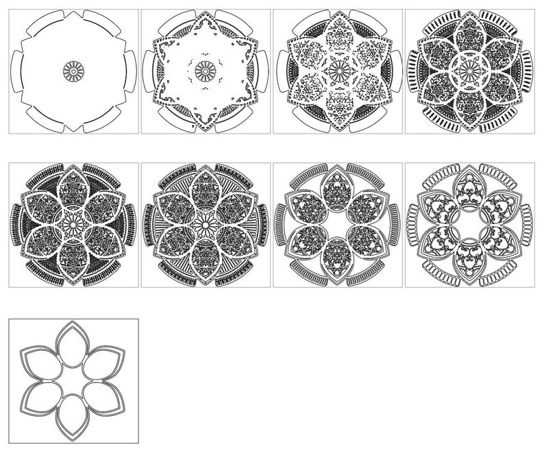 May include: A collection of black and white mandala designs, featuring detailed patterns and radial symmetry. The designs increase in complexity, displaying intricate floral and geometric elements. The bottom left image presents a simplified flower shape.