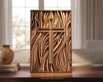 3D Layered Cross Wall Art Laser Cut File Featuring A Ross Surrounded by Flowing Organic Patterns