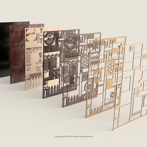 May include: A collection of laser-cut wooden panels in various shades of brown and natural wood. Each panel features intricate geometric and organic patterns, including shapes, lines, and cut-out designs. The panels are arranged in a layered display.