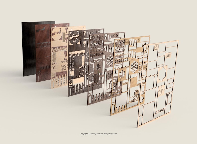 May include: A collection of laser-cut wooden panels in various shades of brown and natural wood. Each panel features intricate geometric and organic patterns, including shapes, lines, and cut-out designs. The panels are arranged in a layered display.