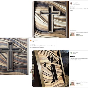 Puede incluir: Una obra de arte de cruz de madera en capas con un fondo ondulado. La cruz es de color marr&oacute;n oscuro, sobre un fondo de varios tonos de madera. La pieza tiene un efecto tridimensional, mostrando artesan&iacute;a.