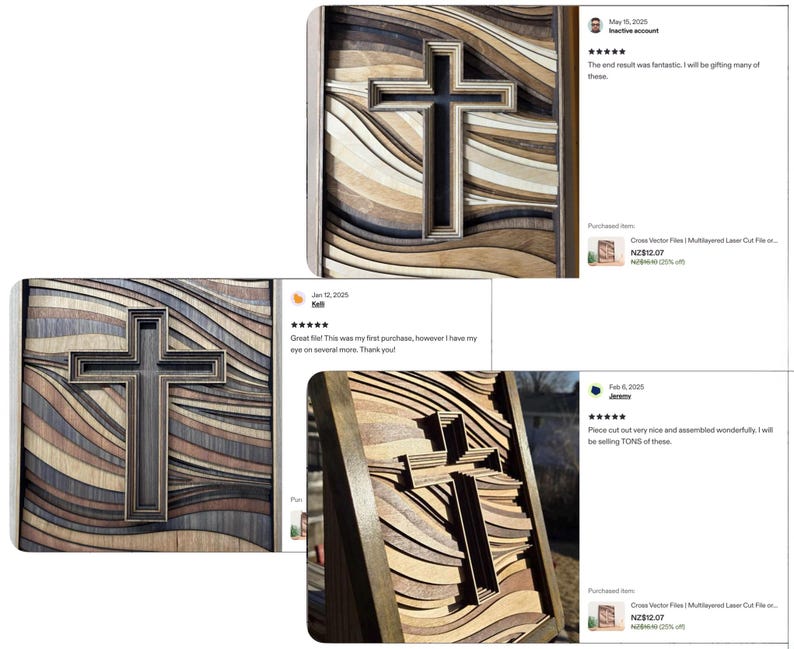 Puede incluir: Una obra de arte de cruz de madera en capas con un fondo ondulado. La cruz es de color marr&oacute;n oscuro, sobre un fondo de varios tonos de madera. La pieza tiene un efecto tridimensional, mostrando artesan&iacute;a.