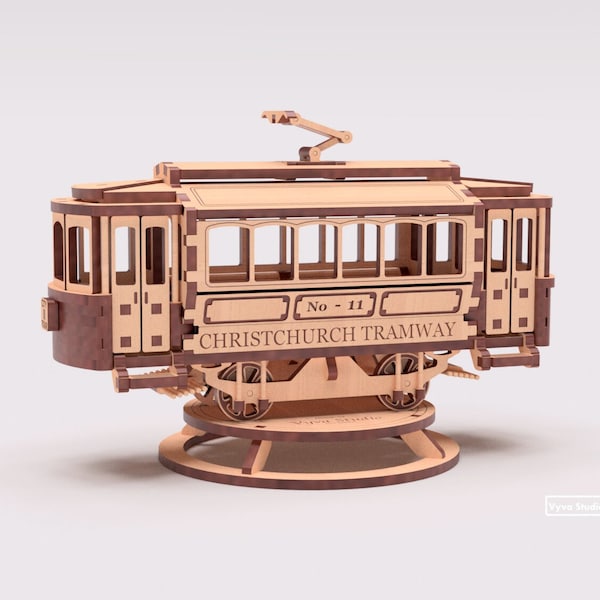 Puzzle 3D modèle de tramway fichier découpé au laser routeur cnc plans DXF SVG AI vecteur téléchargement immédiat des fichiers numériques