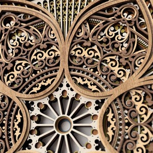 May include: Detailed close-up of a layered wooden artwork with symmetrical patterns. The piece uses shades of brown, beige, and cream, with intricate cut-out designs and floral motifs. The artwork has a three-dimensional appearance.