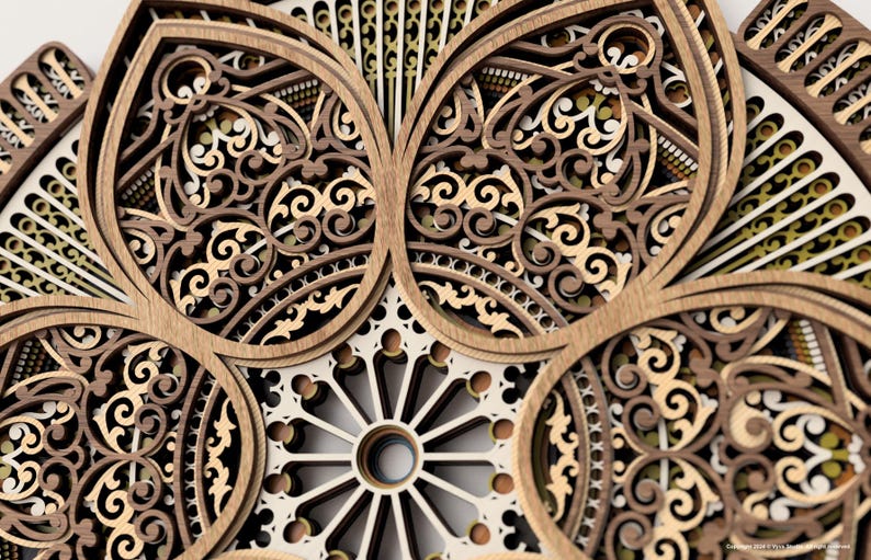 May include: Detailed close-up of a layered wooden artwork with symmetrical patterns. The piece uses shades of brown, beige, and cream, with intricate cut-out designs and floral motifs. The artwork has a three-dimensional appearance.