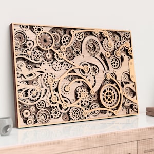 3D Steampunk Gear SVG | Warstwowa mechaniczna sztuka ścienna do lasera i CNC | Timepiece Fusion