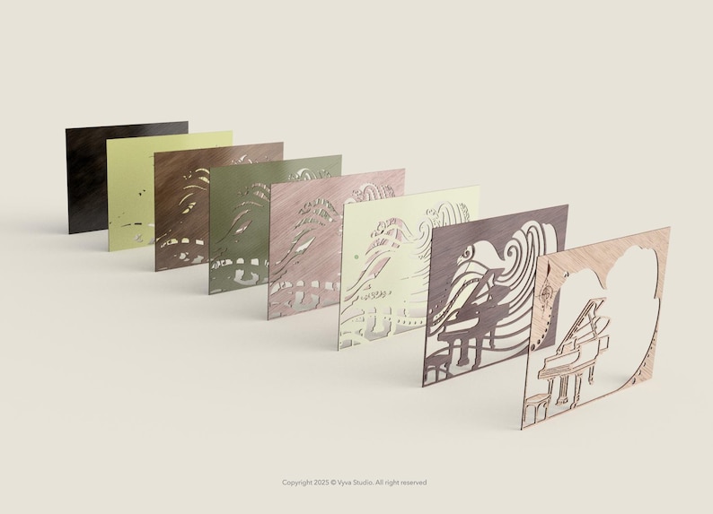 May include: A collection of laser-cut wooden art panels in various colors, including black, olive green, and light brown. The panels feature intricate designs of an eye, waves, and a piano. The panels are arranged in a row, showcasing their different colors and designs.