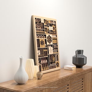 May include: A wooden framed wall art piece with a geometric design, featuring various shapes and patterns in shades of brown and beige. The artwork is displayed on a wooden cabinet, alongside decorative vases and a dark gray ceramic vase.