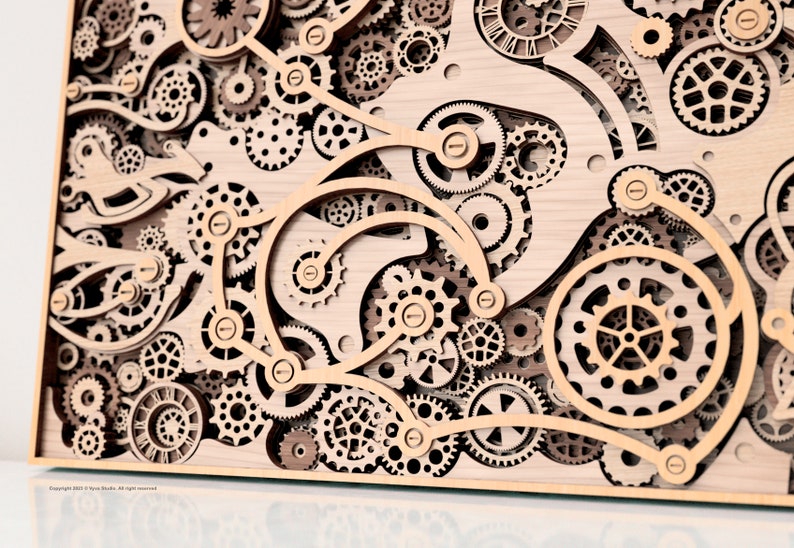 May include: A wooden wall art piece featuring a complex arrangement of layered gears and cogs. The design incorporates various sizes and shapes of gears, creating a three-dimensional effect. The artwork is crafted from light-colored wood, showcasing intricate details.